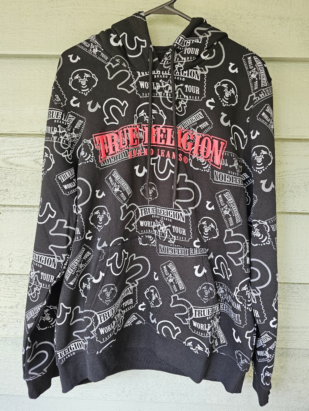 True Religion Men's L Buddha & World Tour Ticket Allover Print Hooded Pullover